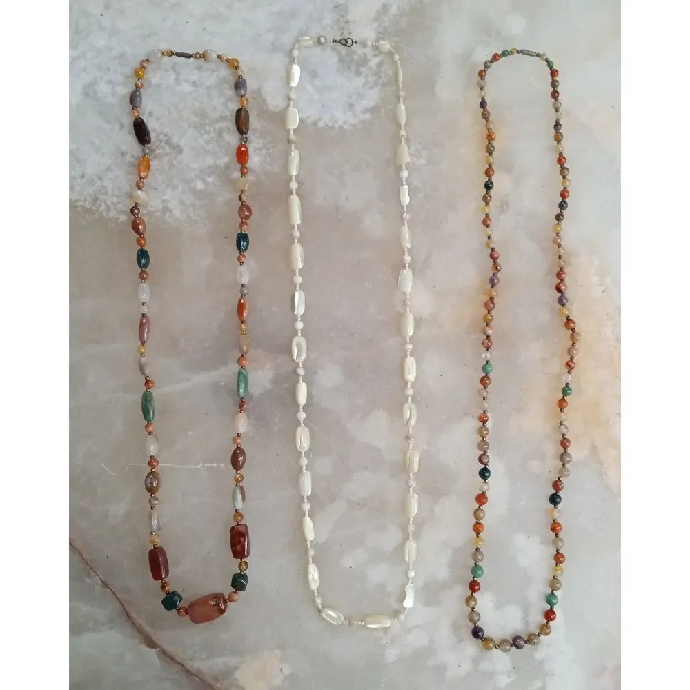 Beggar's Beads, Agates, Gemstones and Shiny Shell Extra Long Necklaces